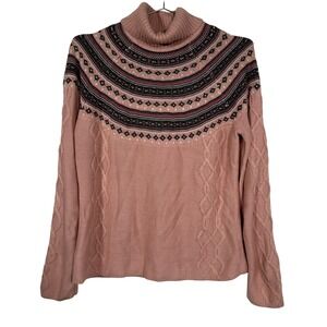 Vintage Northern Reflections Pink Fair Isle Yoke Cable Knit Turtleneck Sweater L